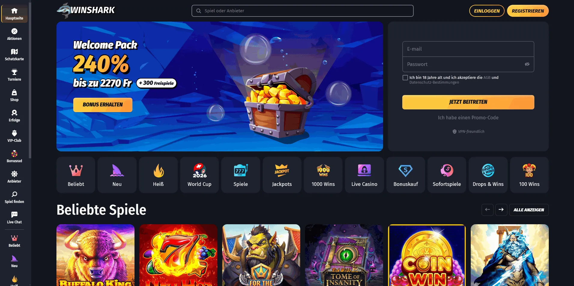 Angebote des Winshark Casinos Startseite des Winshark Online Casinos